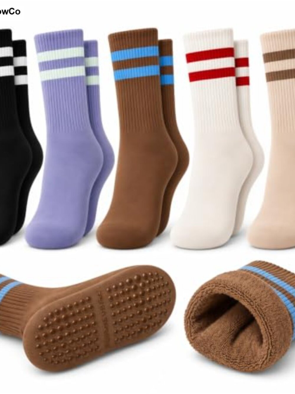 Pilates Grip Socks for Women, 5 Pairs, Thick Terry Crew Socks